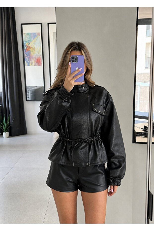 Drawstring Studded Double-Breasted Leather Jacket