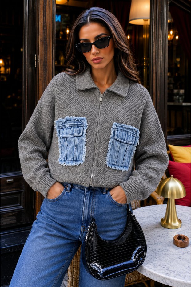 Women's Denim Pocket Detailed Zippered Knitwear Jacket – Casual and Stylish