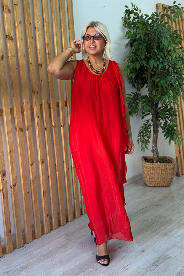 Red Ruffle Detailed Zero-Sleeve Long Silk Dress
