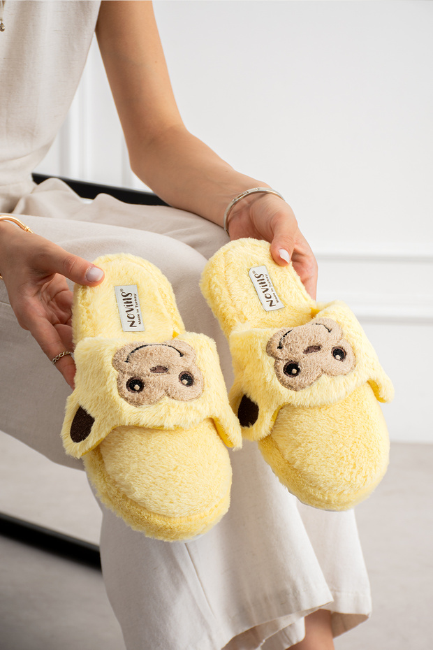 Women's Plush House Slippers with Monkey Figure, Soft Furry, Silent Sole, Winter Slippers
