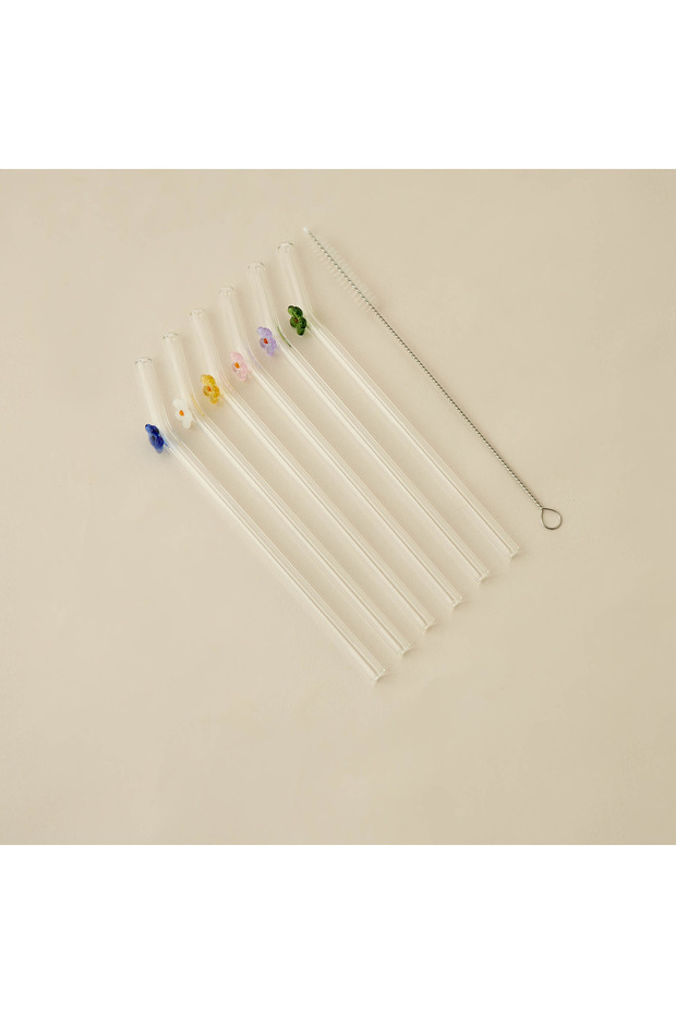 Floral Accent 7-Piece Glass Straw and Cleaning Brush Set