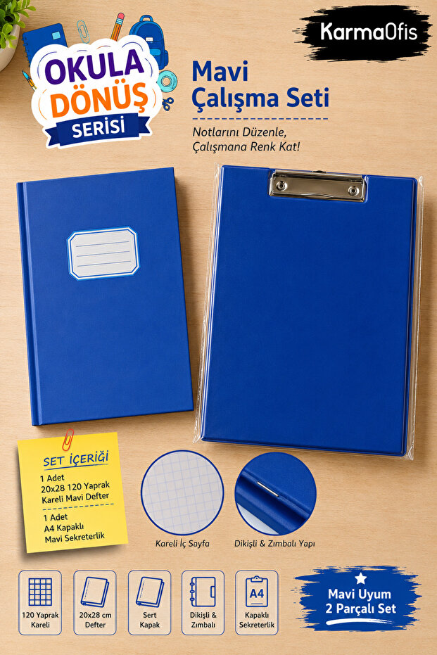 Blue & Blue Work Set Checkered Notebook and A4 Cover Secretary Set | 20X28 cm 120 Sheets Hard Cover Notebook – 10 Color Options