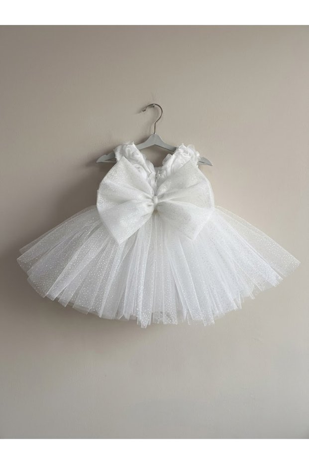 Girl's White Rose Detailed Glittery Tulle Puffy Evening Dress