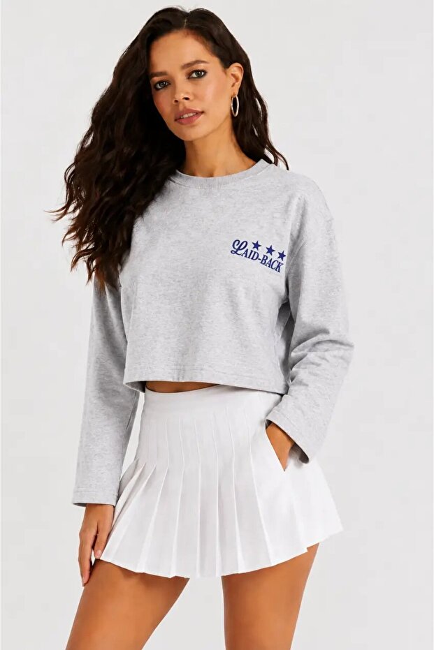 Star Printed Crop Sweatshirt - Gray