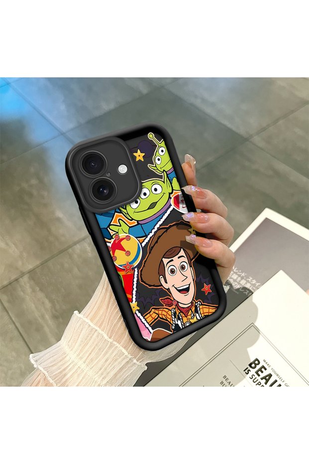 iPhone 16 Plus Compatible Black Silicone Case Shockproof with Camera Protection Cartoon