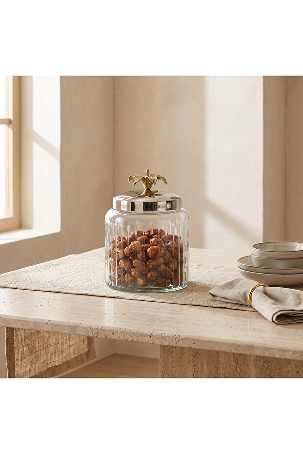 Glass Canister with Floral Metallic Lid - 13x12 cm