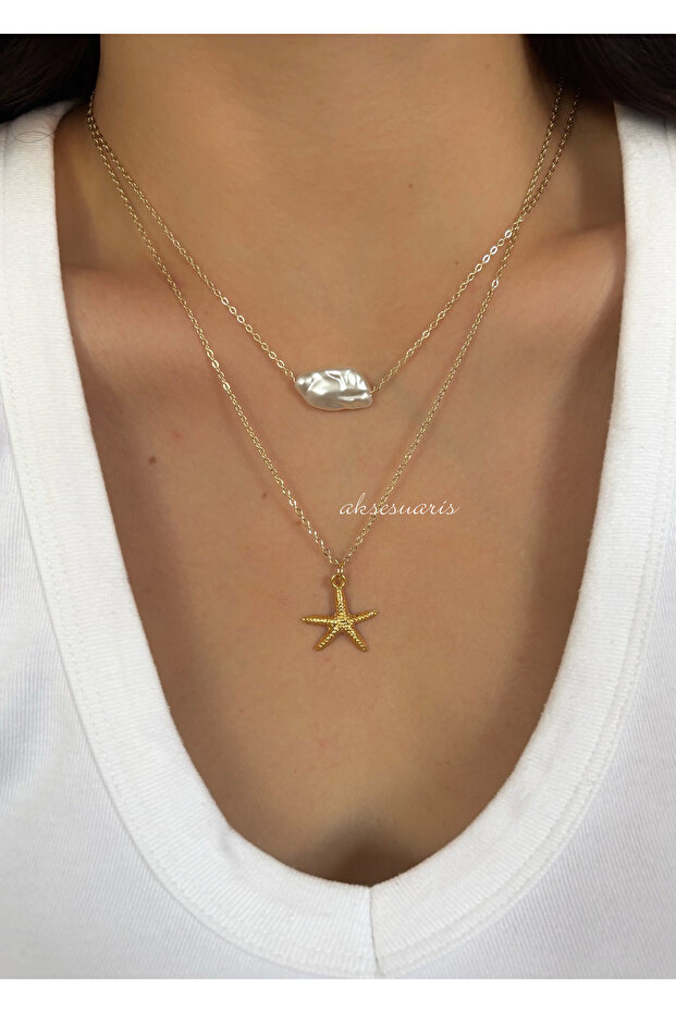 2-Piece Pearl Gold Starfish Necklace Set