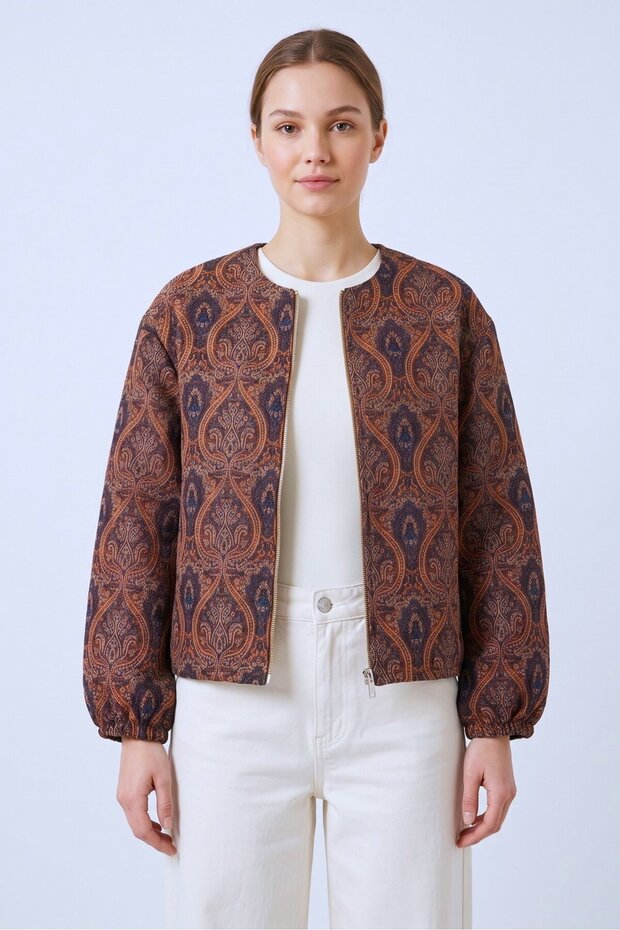 Brown Shawl Patterned Pocketed Jacquard Bomber Jacket