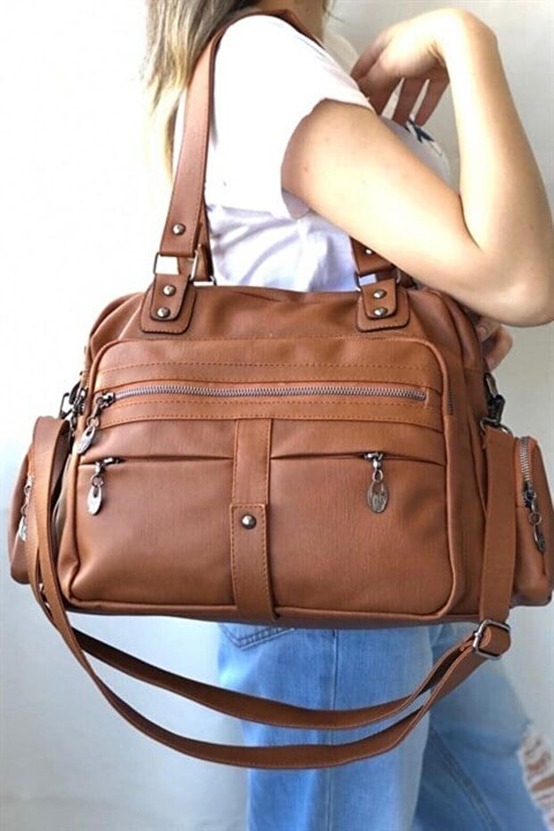 Tan Washed Leather Multi-Compartment Bag