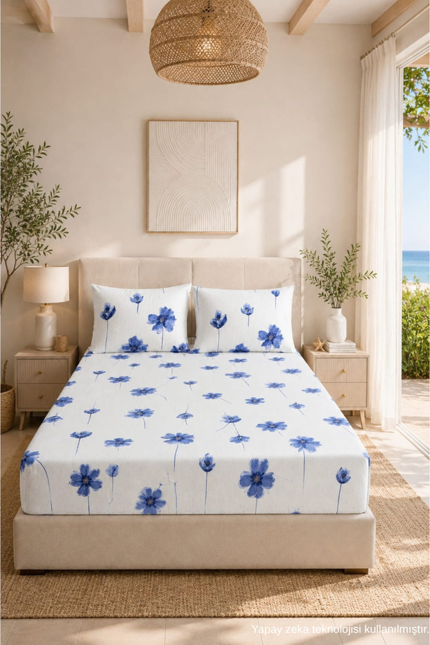 Patterned Elastic Bed Sheet Set with Cotton Pillowcases, Double or Single Size