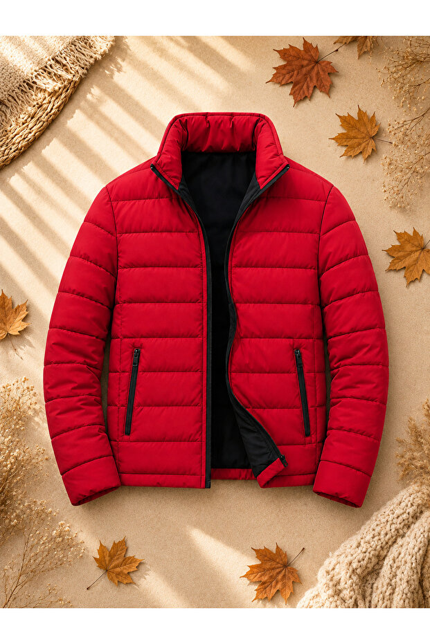 Men's Quilted Inflatable Coat Jacket with Zipper and Double Pockets for Daily Winter Wear