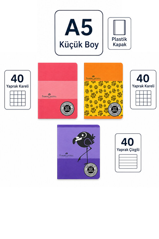 3 A5 Small Size Faber Notebooks, 40 Sheets, 2 Checkered, 1 Lined Pp Cover