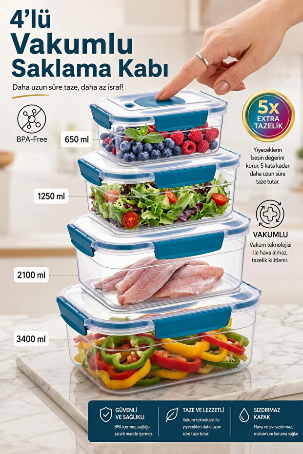 Vacuum Storage Container Set of 4, Lockable, Leak-Proof, Extra Freshness