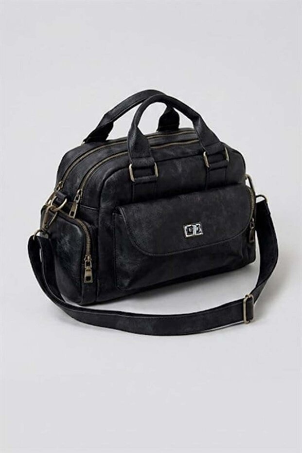 Black Washed Leather Multi-Compartment Shoulder Bag