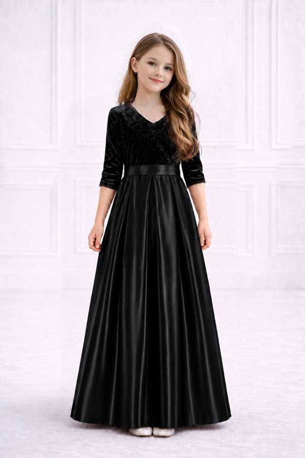 Girl's Half Sleeve Top Velvet Bottom Satin Prom Graduation Birthday Dress