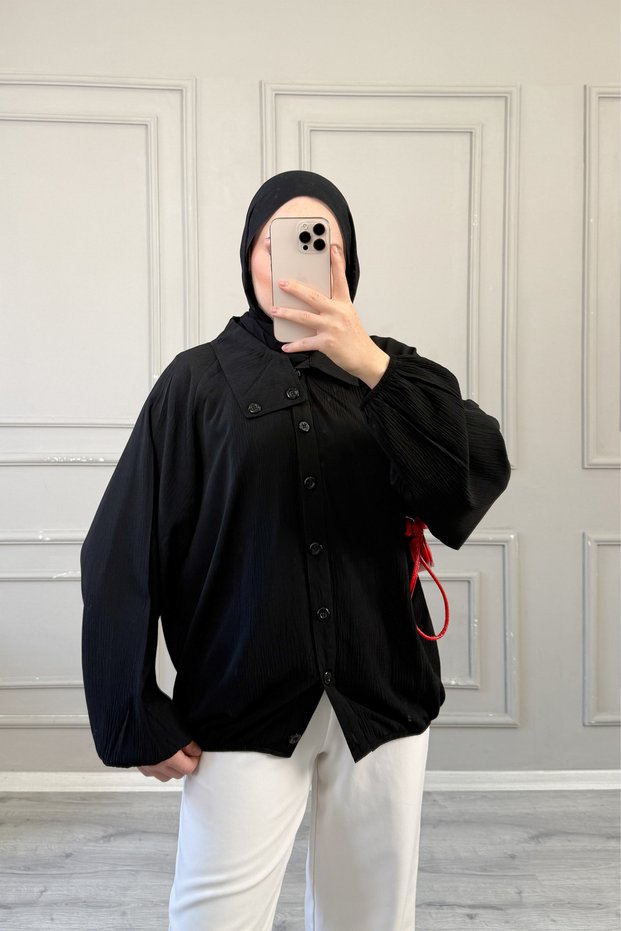 Black Crinkled Fabric Cotton Asymmetrical Collar Detailed Tulle Bomber Jacket | Relaxed Fit Modern Hijab Jacket | Stylish Casual Layered Outerwear | Original Design Jacket Model