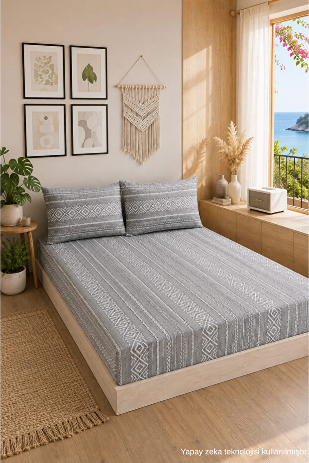Patterned Elastic Bed Sheet Set with Cotton Pillowcases, Double or Single Size
