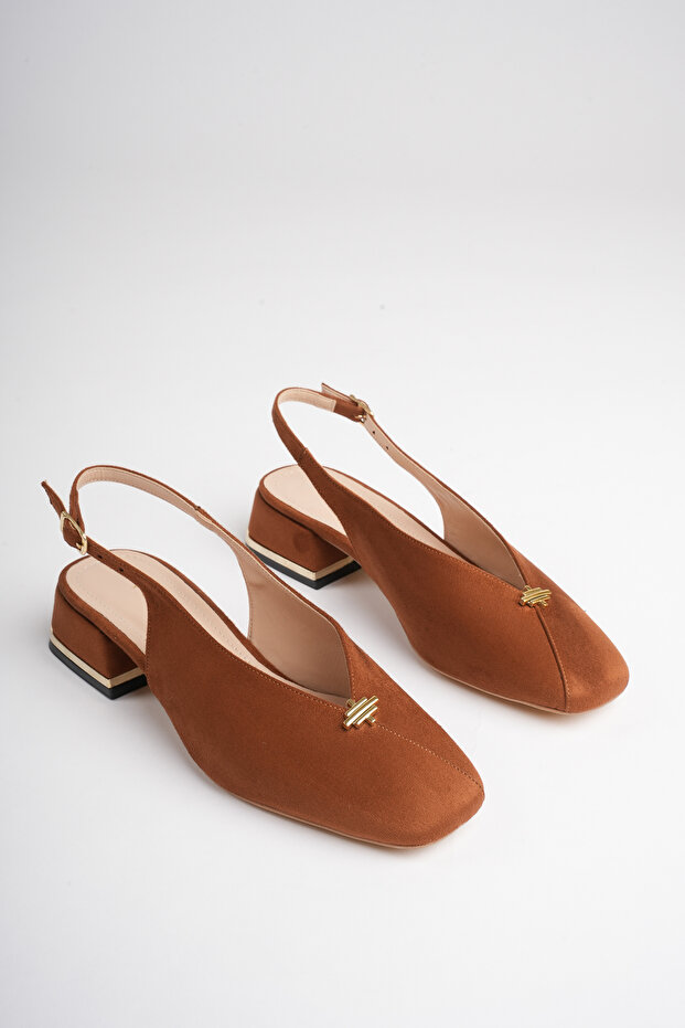 Women's Tan Suede 4 cm Thick Short Heeled Open Back Shoes with Gold Detail