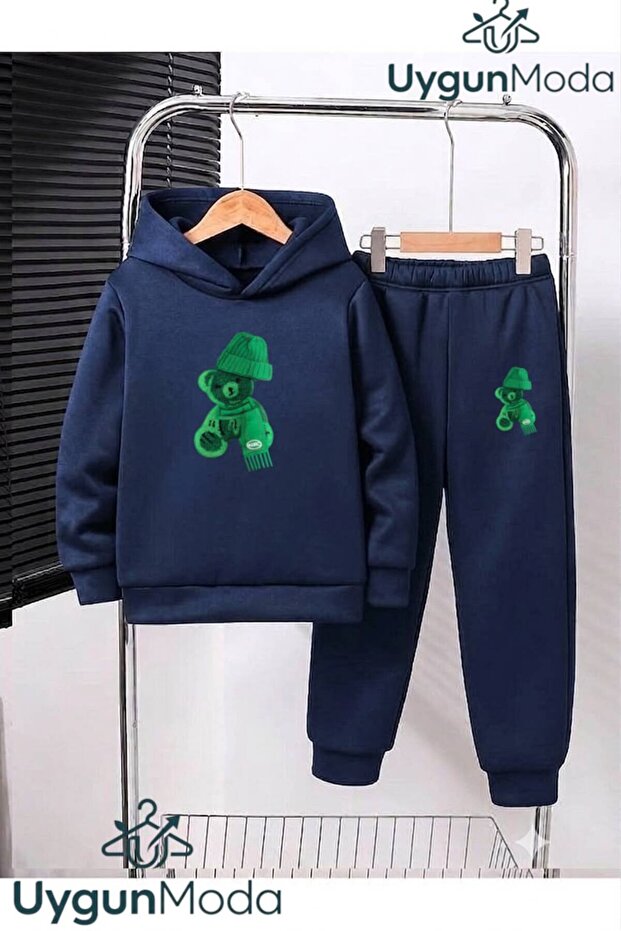 Green Hat Bear Printed Hooded Thick Cotton Inside Padding Tracksuit with Pockets Children's Top and Bottom Tracksuit Set