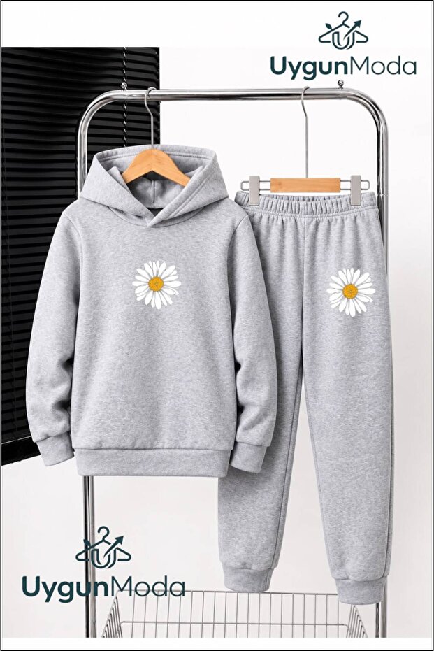 Single Daisy Printed Hooded Thick Cotton Inside Padding Tracksuit with Pockets Children's Top and Bottom Tracksuit Set