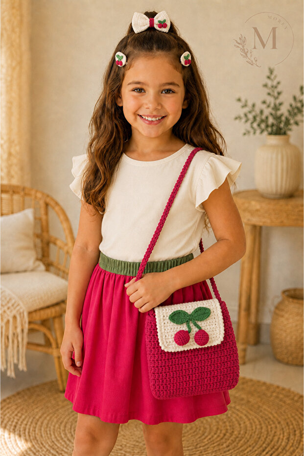 Cherry Design Fuchsia Hand Knitted Children's Bag and Hair Accessory Set