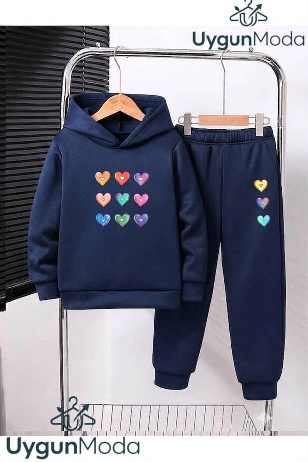 9Small Heart Printed Hooded Thick Cotton Inside Tracksuit with Pockets Children's Bottom and Top Tracksuit Set