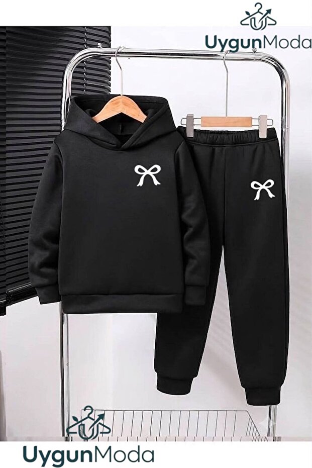 Mini Ribbon Printed Hooded Thick Cotton Inside Tracksuits with Pockets Children's Top and Bottom Tracksuits Set