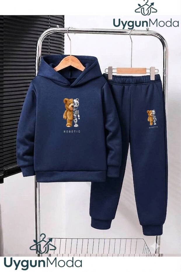 Robotic Bear Printed Hooded Thick Cotton Inside Padding Sweatpants with Pockets Children's Sweatpants and Top Sweatwear Set