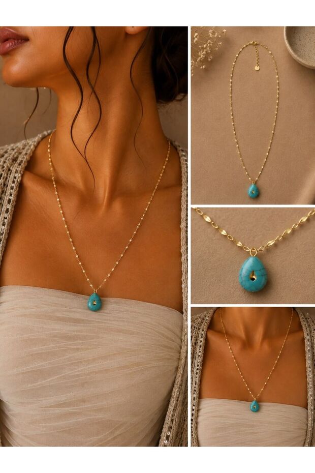 Turquoise Natural Stone Look Drop Gold Necklace