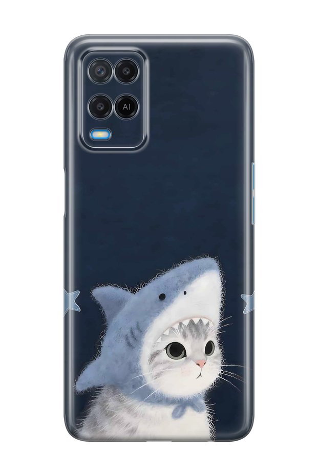 Oppo A54 Compatible Transparent Phone Case with Shark Costume and Cat Pattern