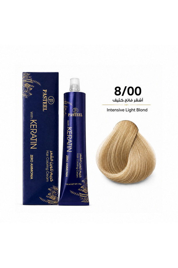 صبغة بالكيراتين بدون أمونيا بدرجة 8/00 أشقر فاتح مكثف، لون متجانس بحجم 100 مل .