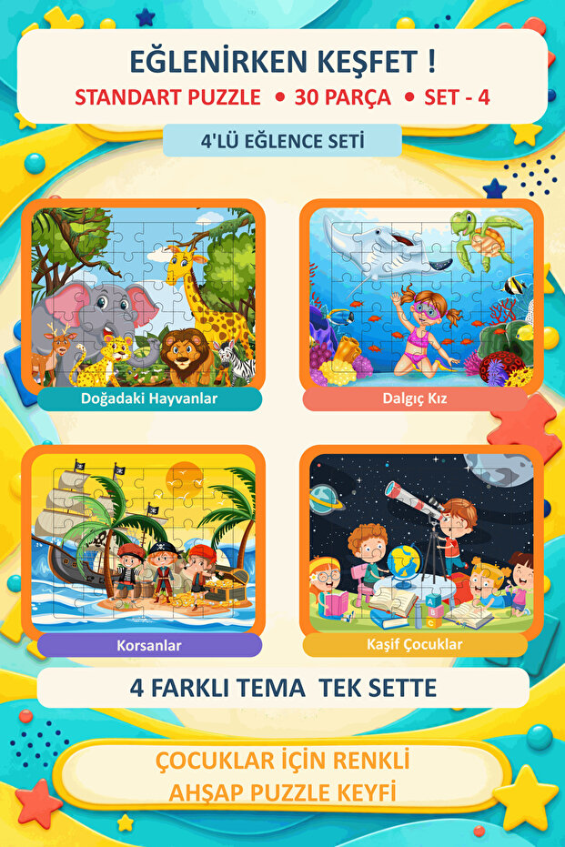 30 Pieces Montessori Educational Wooden Puzzles Set of 4 - Motor Skills Developmental Kids Puzzle (Set-4)