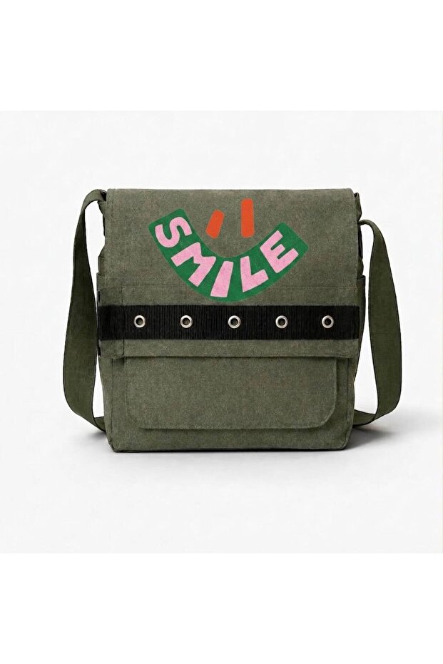 Khaki Smile Printed Round Eyelet Messenger Bag