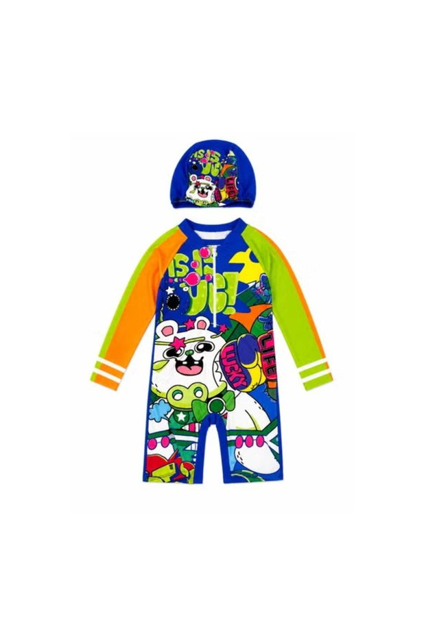 Kids Knee-Length One-Piece Swimsuit with Matching Swim Cap, Long Sleeve Cartoon Print Swimwear with Front Zipper for Boys & Girls, Swimming, Beach, Pool & Water Activities