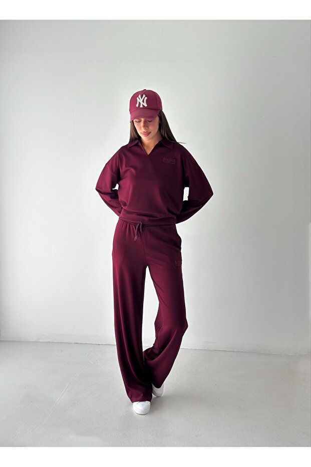 Women's Modal Fabric Embroidery Detailed Polo Collar Sweatshirt Double Set