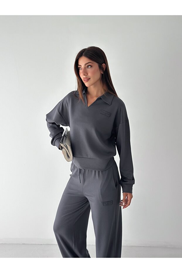 Women's Modal Fabric Embroidery Detailed Polo Collar Sweatshirt Double Set