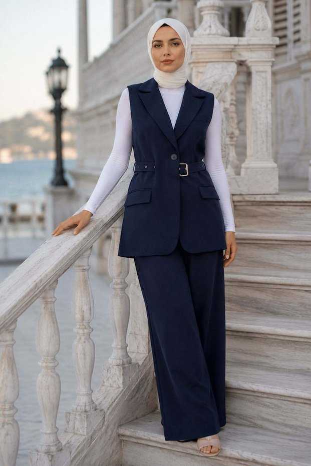 Belted Vest Suit Navy Blue Hm2749