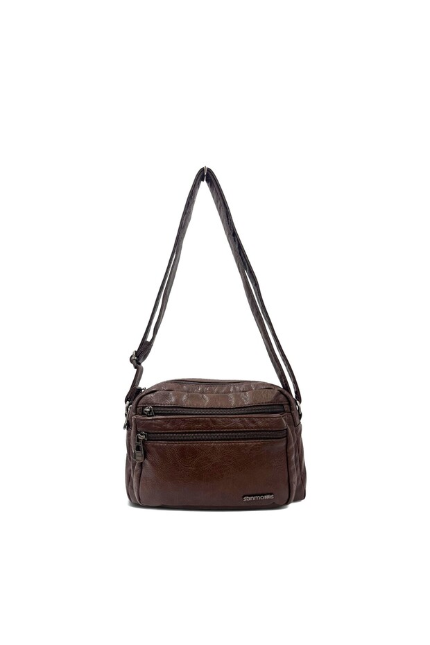 Viatox Vs 003 Multi-Compartment Washed Leather Soft Textured Women's Crossbody Shoulder Bag Brown