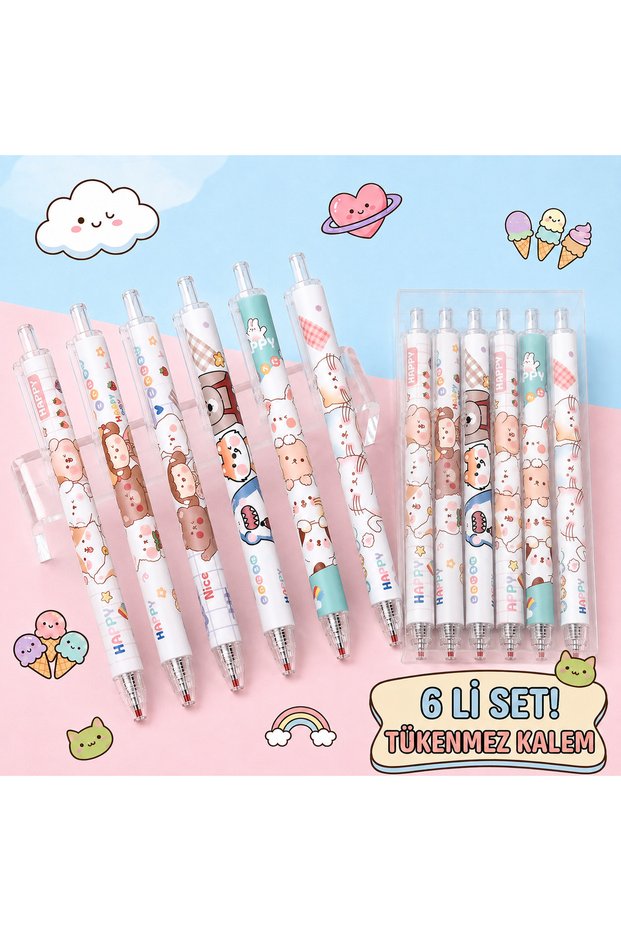 6-Piece Kawaii Cat Teddy Rabbit Happy Day Girl Patterned Ballpoint Pen Set Push-Press Cute Pen School Stationery Office Business Gel Ballpoint Pen