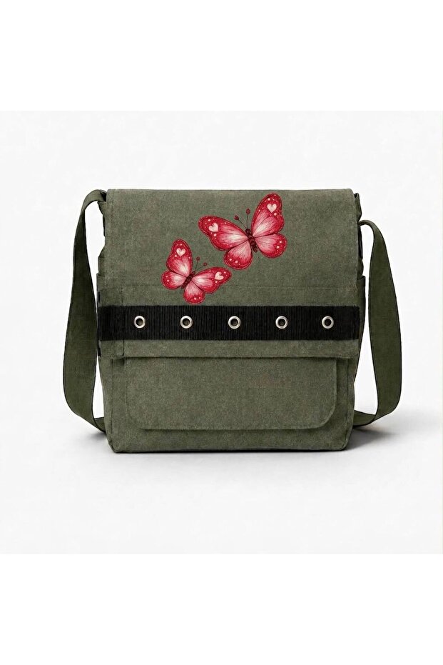 Khaki Butterfly Printed Round Eyelet Messenger Bag