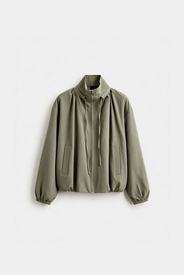 Stone-Embellished Stand-Up Collar Bomber Jacket Per9762