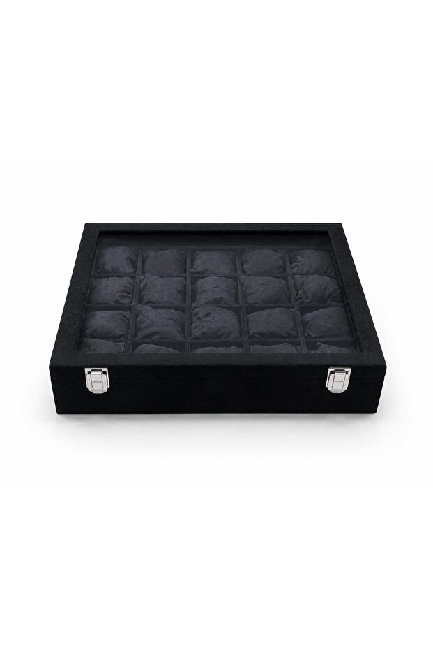 20-Piece Watch Box Alcantara Black 38X32 cm – 20 Compartment Watch Storage and Organizer Box