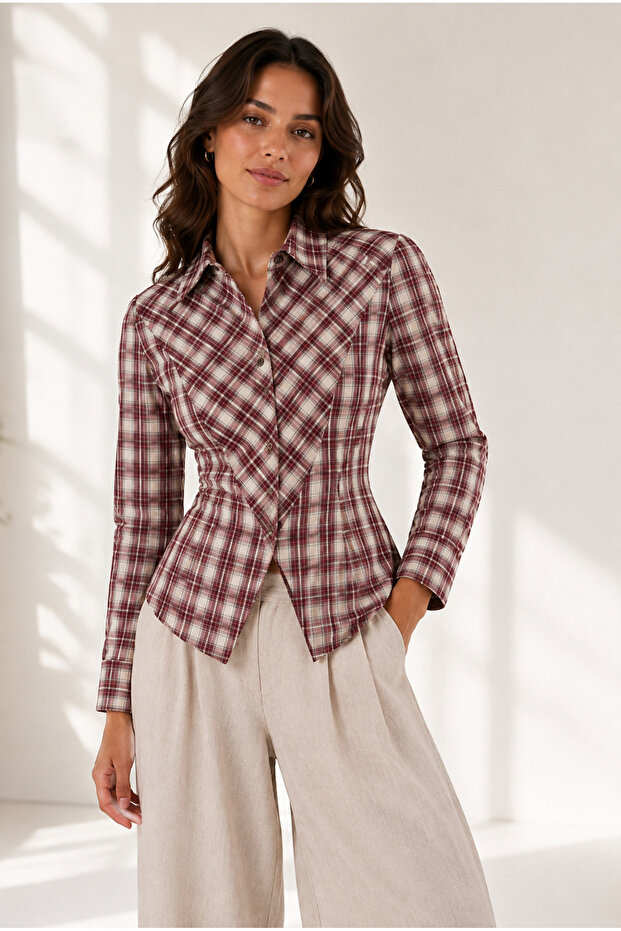 Burgundy Plaid Patterned Women's Shirt with Belted Waist | Mkw1611527-1