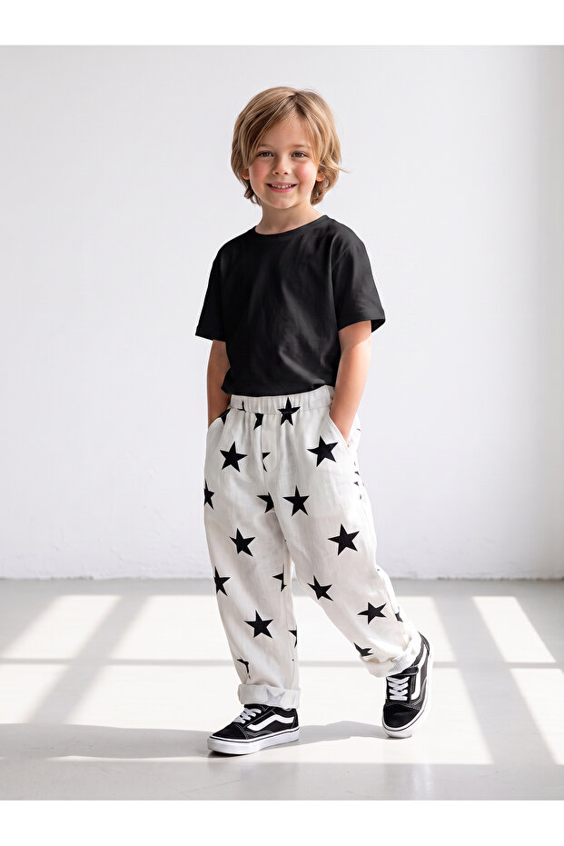 Boy's Two-Piece Set Ecru Black Star Carrot Pants + Black Combed Cotton T-Shirt
