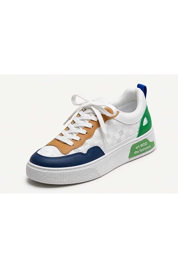 Men's Casual Sneakers – White Navy Blue Green & Tan Color Block Shoes