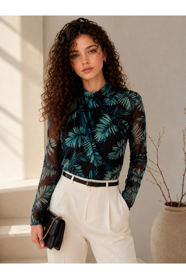 Women's Black Leaf Patterned Stand Collar Printed Lined Tulle Fabric Blouse with Drawstring Detail and Long Sleeves