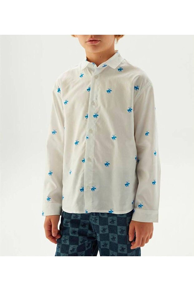 Boy's White Blue Patterned Long Sleeve Shirt