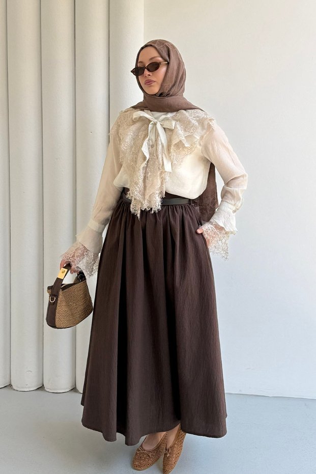 Lace-Up Detailed Crew Neck Shirt with Lace Detail and Flared Sleeves