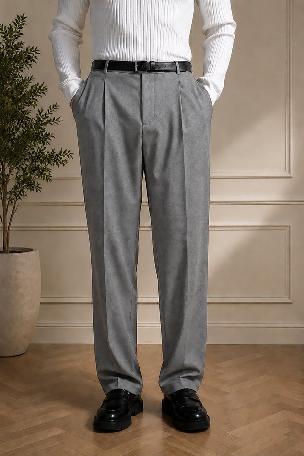 Men's Gray Pleated Detail Comfortable Fit Premium Series Fabric Trousers