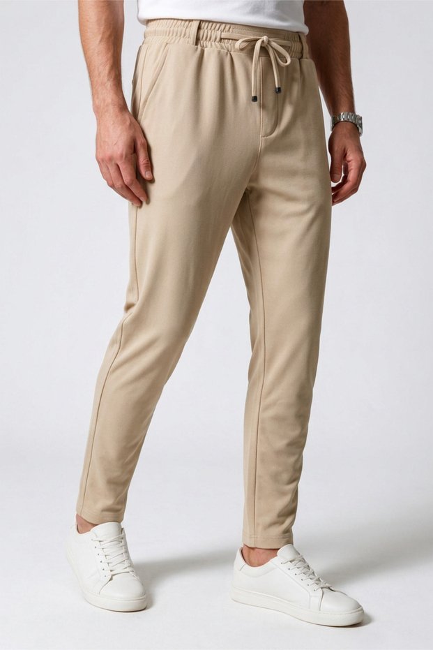 Men's Beige Trousers with Elastic Waist, Lycra, Non-Marking, Regular Fit, Daily Wear, Lace-Up, Jogger Style